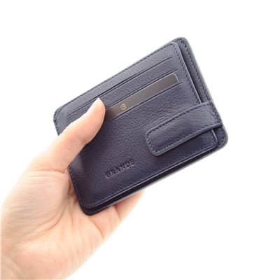 Grande  Hakiki Deri Yatay Slim Mıknatıslı Kartlık - Lacivert