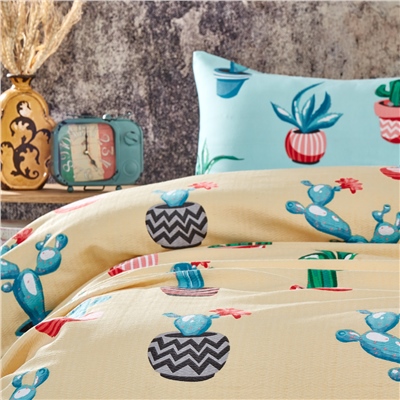 Vagonik Kaktüs Desenli Çift Kişilik Pike Takımı Sarı