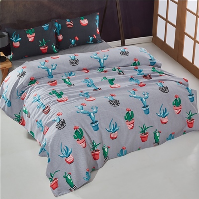 Vagonik Kaktüs Desenli Çift Kişilik Pike Takımı Gri