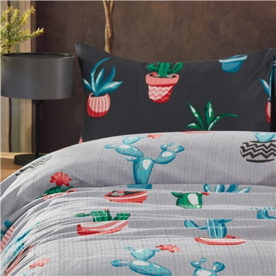 Vagonik Kaktüs Desenli Çift Kişilik Pike Takımı Gri