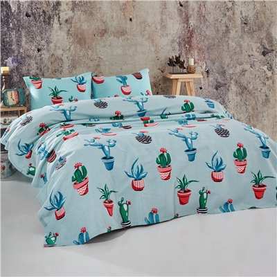 Vagonik Kaktüs Desenli Çift Kişilik Pike Takımı Turkuaz