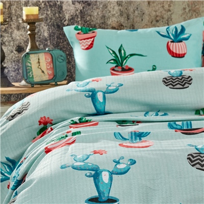 Vagonik Kaktüs Desenli Çift Kişilik Pike Takımı Turkuaz