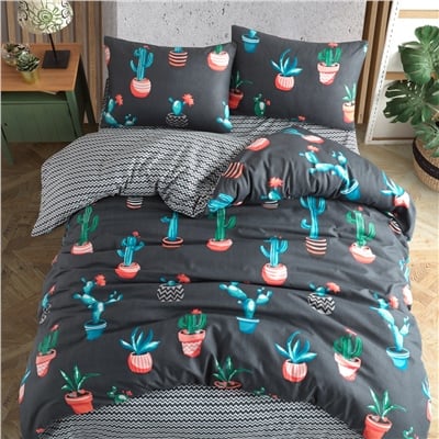 Vagonik Kaktüs Desenli Füme Çift Kişilik Nevresim Takımı