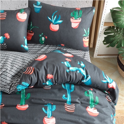 Vagonik Kaktüs Desenli Füme Çift Kişilik Nevresim Takımı