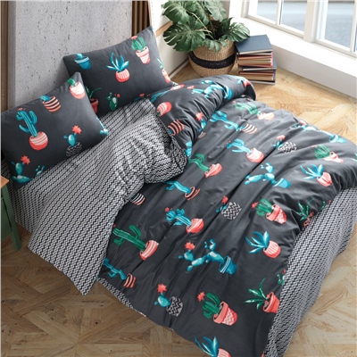 Vagonik Kaktüs Desenli Füme Tek Kişilik Nevresim Takımı