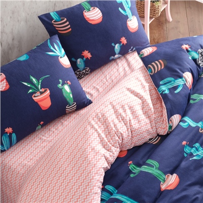 Vagonik Kaktüs Desenli Lacivert Çift Kişilik Nevresim Takımı