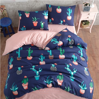 Vagonik Kaktüs Desenli Lacivert Çift Kişilik Nevresim Takımı