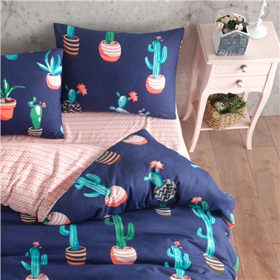 Vagonik Kaktüs Desenli Lacivert Tek Kişilik Nevresim Takımı