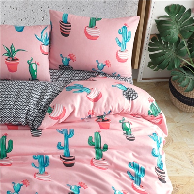 Vagonik Kaktüs Desenli Pembe Tek Kişilik Nevresim Takımı
