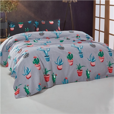 Vagonik Kaktüs Desenli Tek Kişilik Pike Takımı Gri