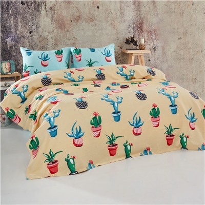 Vagonik Kaktüs Desenli Tek Kişilik Pike Takımı Sarı