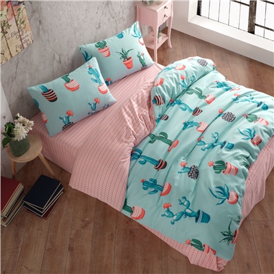 Vagonik Kaktüs Desenli Turkuaz Çift Kişilik Nevresim Takımı