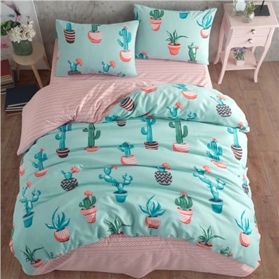 Vagonik Kaktüs Desenli Turkuaz Çift Kişilik Nevresim Takımı