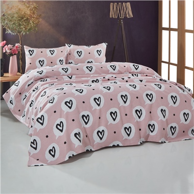 Vagonik Kalp Desenli Çift Kişilik Pike Takımı Pembe