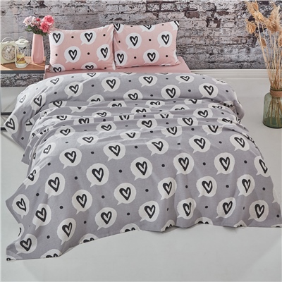 Vagonik Kalp Desenli Çift Kişilik Pike Takımı Gri