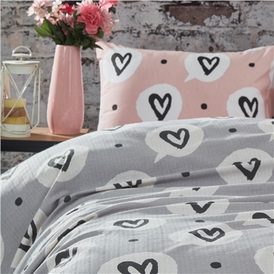 Vagonik Kalp Desenli Çift Kişilik Pike Takımı Gri