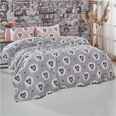 Vagonik Kalp Desenli Tek Kişilik Pike Takımı Gri