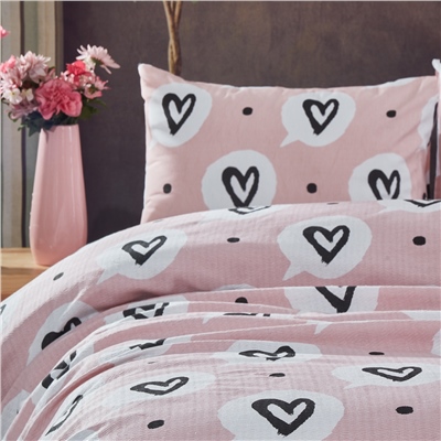 Vagonik Kalp Desenli Tek Kişilik Pike Takımı Pembe