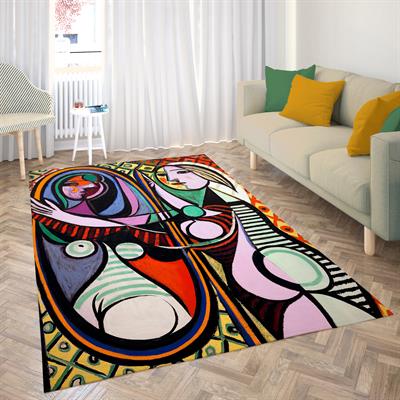 Pablo Picasso Ayna Karşısındaki Kız Halısı Dijital Baskılı Halı Kaydırmaz Tabanlı Yıkanabilir Halı