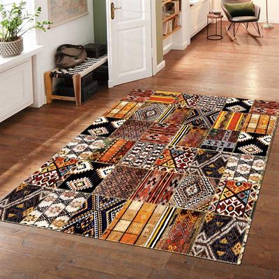 Patchwork Kırkyama Otantik Kilim Desenli Dijital Baskılı Halı Kaydırmaz Tabanlı Yıkanabilir Halı