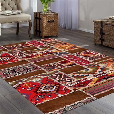 Patchwork Kırkyama Otantik Kilim Desenli Dijital Baskılı Halı Kaydırmaz Tabanlı Yıkanabilir Halı