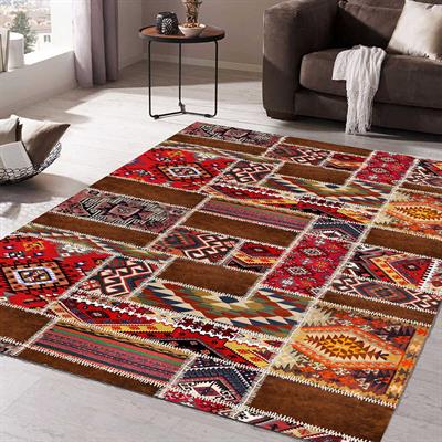 Patchwork Kırkyama Otantik Kilim Desenli Dijital Baskılı Halı Kaydırmaz Tabanlı Yıkanabilir Halı