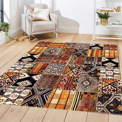 Patchwork Kırkyama Otantik Kilim Desenli Dijital Baskılı Halı Kaydırmaz Tabanlı Yıkanabilir Halı