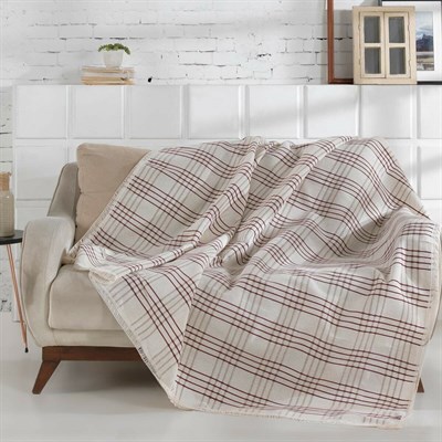 Vagonik Sedir Natural Keten Sık Dokuma Bordo Çizgili Koltuk Örtüsü 170x210 cm