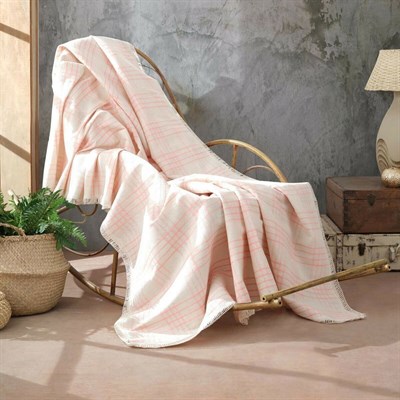 Vagonik Sedir Natural Keten Sık Dokuma Pembe Çizgili Koltuk Örtüsü 170x210 cm