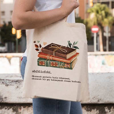 Vagonik Abibliofobi Kitap Baskılı Baskılı Ham Bez Kanvas Çanta