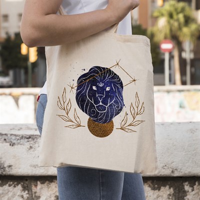 Vagonik Astroloji Aslan Burcu Baskılı Ham Bez Kanvas Çanta