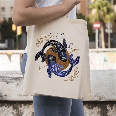 Vagonik Astroloji Balık Burcu Baskılı Ham Bez Kanvas Çanta