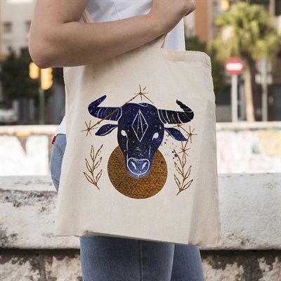 Vagonik Astroloji Boğa Burcu Baskılı Ham Bez Kanvas Çanta