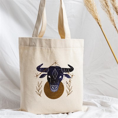 Vagonik Astroloji Boğa Burcu Baskılı Ham Bez Kanvas Çanta