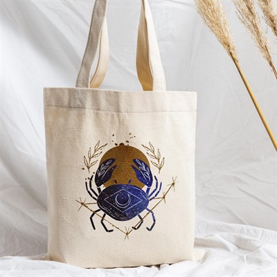 Vagonik Astroloji Yengeç Burcu Baskılı Ham Bez Kanvas Çanta