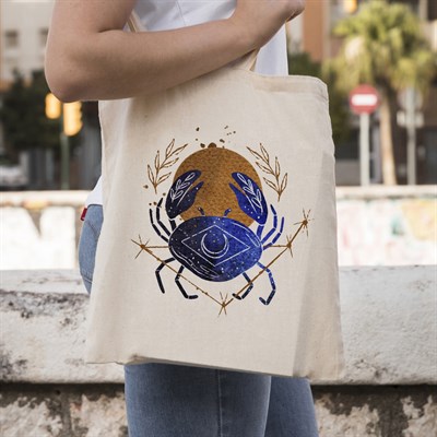 Vagonik Astroloji Yengeç Burcu Baskılı Ham Bez Kanvas Çanta