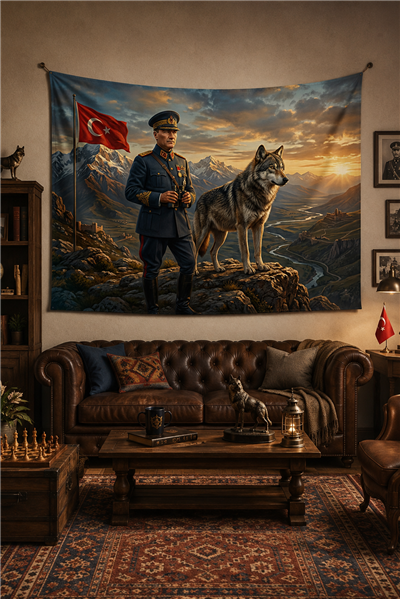 Vagonik Atatürk ve Bozkurt Duvar Örtüsü Afişi Kalın Kumaş