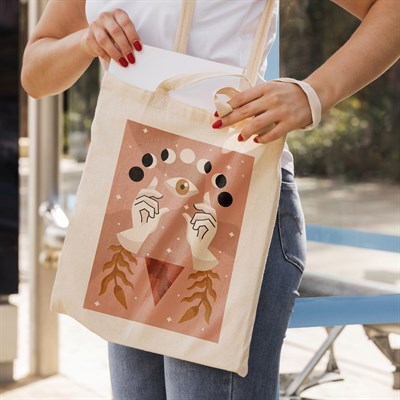 Vagonik Ay Ve Göz Bohem Baskılı Ham Bez Kanvas Çanta 240 Gr.