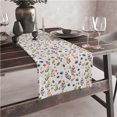 Vagonik Beyaz Bahar Çiçeği Desenli Dijital Baskılı Runner 140x40 cm