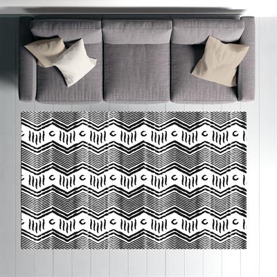 Vagonik Bohem Zigzag İskandinav Desenli Siyah Beyaz Dijital Baskılı Halı Kaydırmaz Tabanlı Yıkanabilir Halı