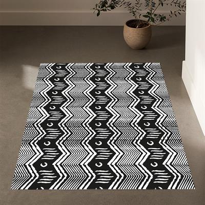 Vagonik Bohem Zigzag İskandinav Desenli Siyah Beyaz Dijital Baskılı Halı Kaydırmaz Tabanlı Yıkanabilir Halı
