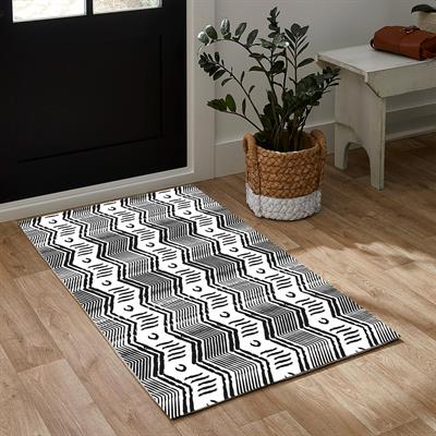 Vagonik Bohem Zigzag İskandinav Desenli Siyah Beyaz Dijital Baskılı Halı Kaydırmaz Tabanlı Yıkanabilir Halı