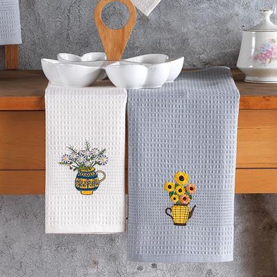 Vagonik Çiçek Desenli 40x60 %100 Pamuk 6lı Nakışlı Mutfak Havlusu Kurulama Bezi