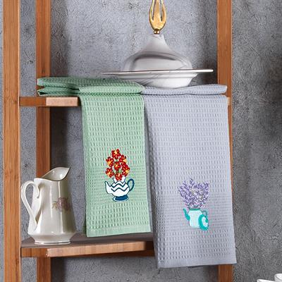 Vagonik Çiçek Desenli 40x60 %100 Pamuk 6lı Nakışlı Mutfak Havlusu Kurulama Bezi