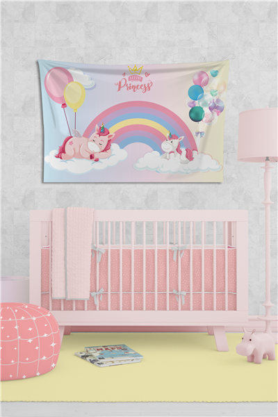 Vagonik Çocuk Odası Gökkuşağı ve Unicorn Duvar Örtüsü Halısı