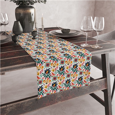 Vagonik Etnik Çiçek Desenli Dijital Baskılı Runner 140x40 cm