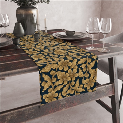 Vagonik Gold Çiçek Desenli Dijital Baskılı Runner 140x40 cm