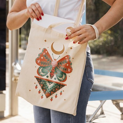 Vagonik Kelebek Bohem Baskılı Ham Bez Kanvas Çanta 240 Gr.