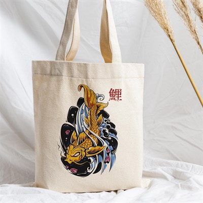 Vagonik Koi Balığı Uzak Doğu Baskılı Ham Bez Kanvas Çanta 240 Gr.