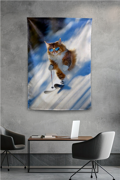 Vagonik Komik Kayak Kedi Modern Desenli Duvar Örtüsü Tapestry Desen 454